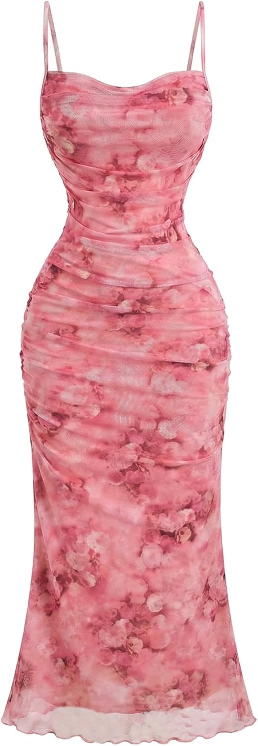 GORGLITTER Women's Floral Wedding Guest Bridal Shower Summer Midi Dresses | Tea Party, Baby Shower, Cocktail Dress, Ruched, Dresses for Women, Sundresses
