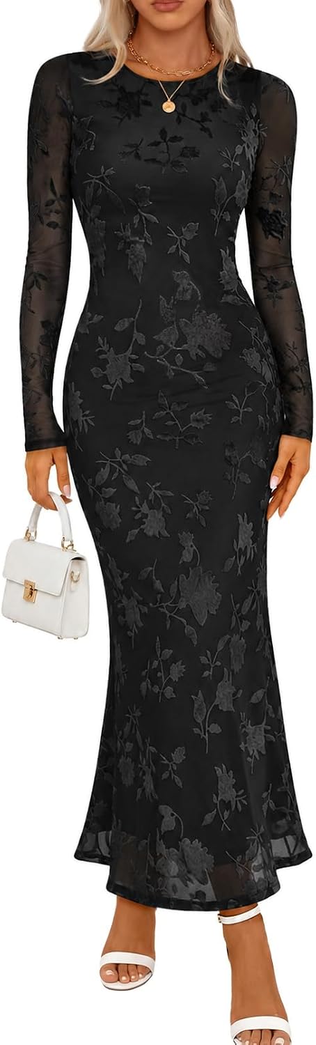 MEROKEETY Womens Fall Velvet Formal Wedding Guest Maxi Dress | Bodycon, Floral, Long Sleeve, Mesh, Round Neck, Formal Cocktail Party Birthday Club Date Night Prom, 2026 Winter Dress