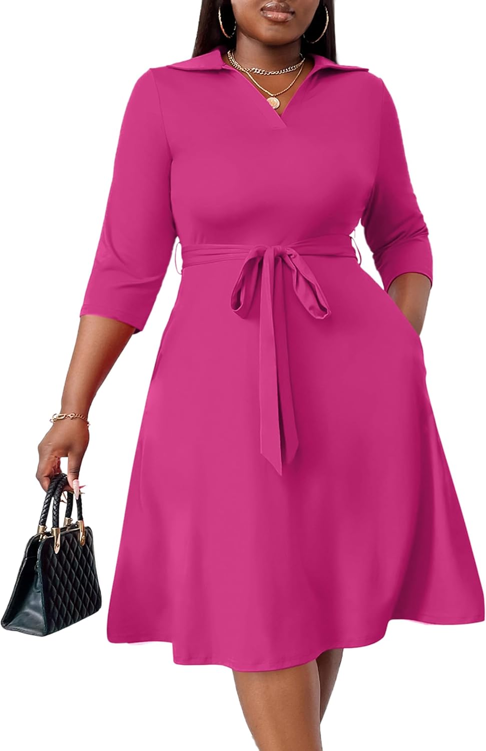 FANDEE Plus Size Midi Dress for Women Casual - Fit and Flare Summer Dresses | Semi Formal,African Print,Polo Collar Cocktail Dress,With Pockets And Belt