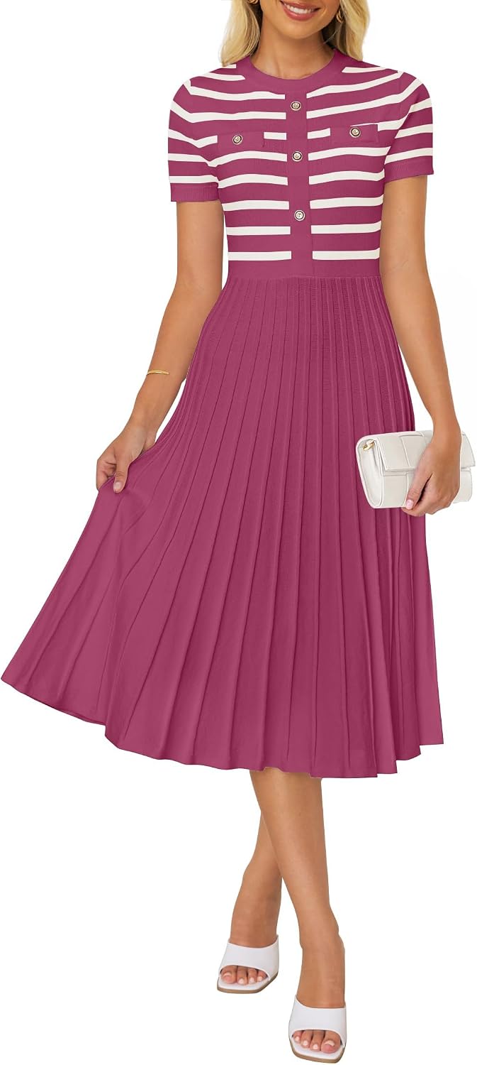 ZESICA Women Striped Crewneck Short Sleeve Elegant Midi Dress | Button, Ribbed Knit Fabric, Pleated A Line Swing, 2026 Trendy, Casual Beach Vaction, Work Business, Formal Classy Church
