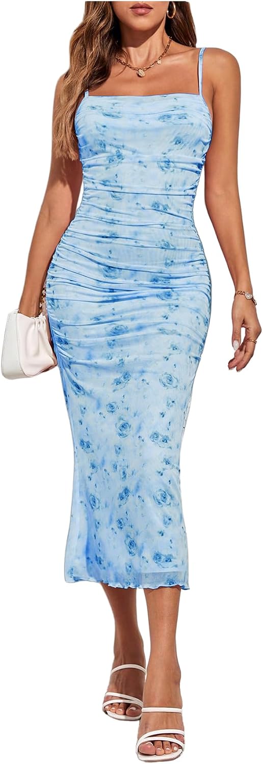 GORGLITTER Women's Floral Wedding Guest Bridal Shower Summer Midi Dresses | Tea Party, Baby Shower, Cocktail Dress, Ruched, Dresses for Women, Sundresses
