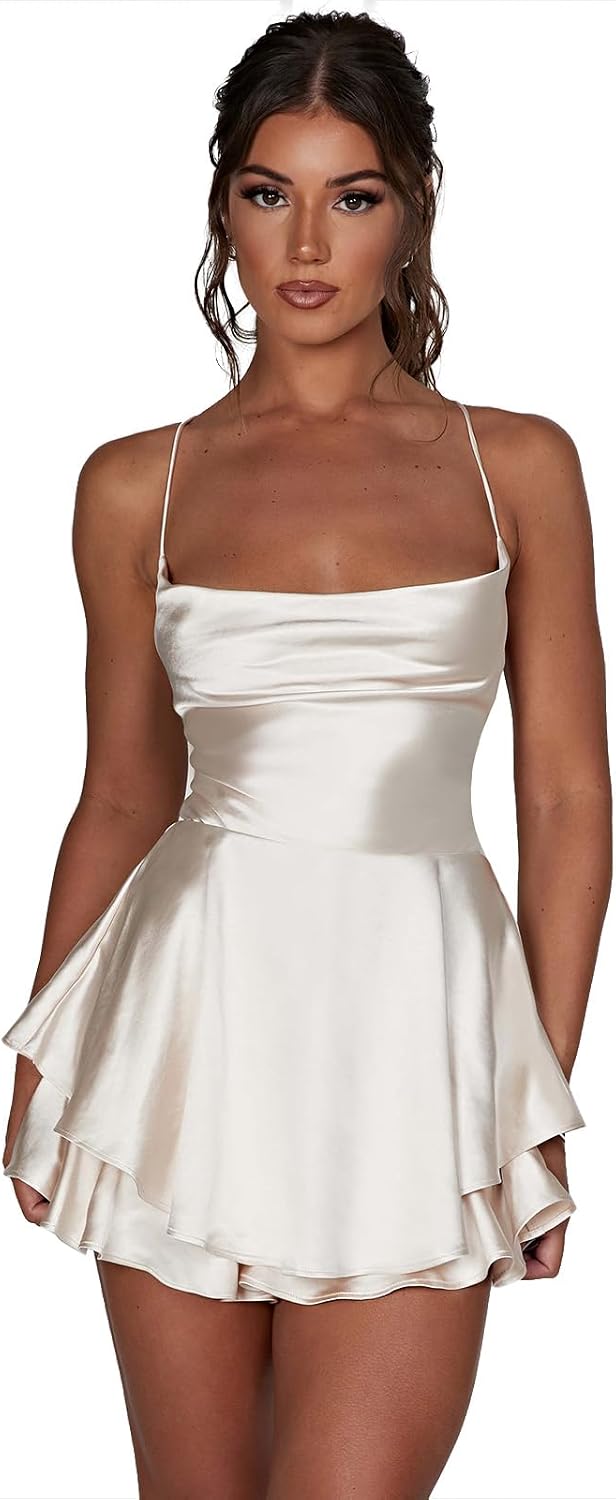 AGYMNX Women Sexy Spaghetti Strap Satin Dress Sleeveless Low Cut Backless Short Romper Dress Party Jumpsuit Mini Sundress