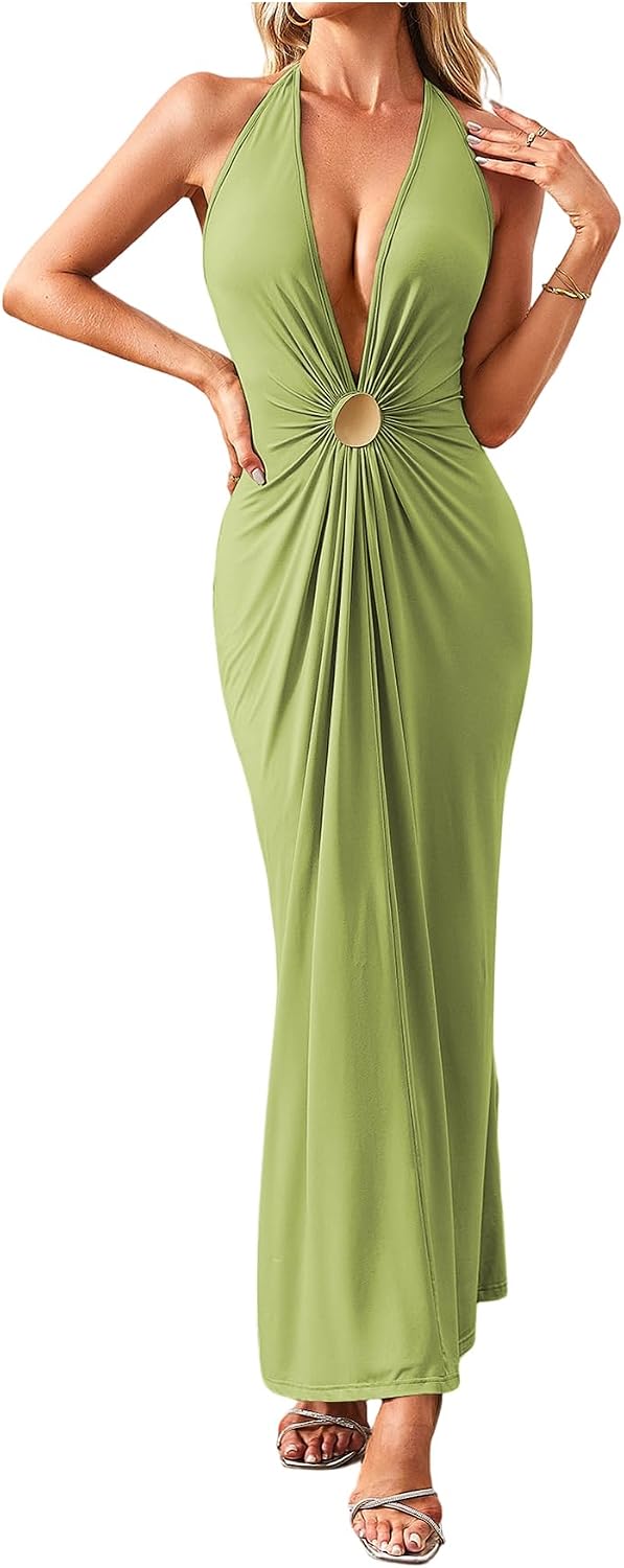 OYOANGLE Women's Halter Maxi Dress Deep V Neck Sexy Wedding Guest Dresses | Cocktail Dress, Formal Dresses, Beach Dress, Vacation Dress, Date Night Long Dress, Backless