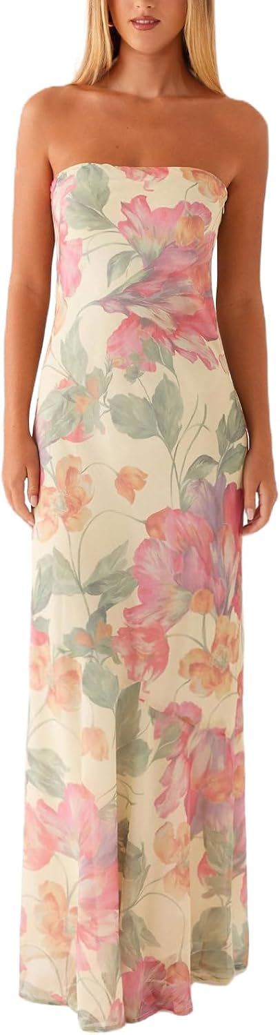 ACOSAP Women Y2k Strapless Maxi Dress Summer Backless Floral Long Tube Dress Off Shoulder Cocktail Party Dress