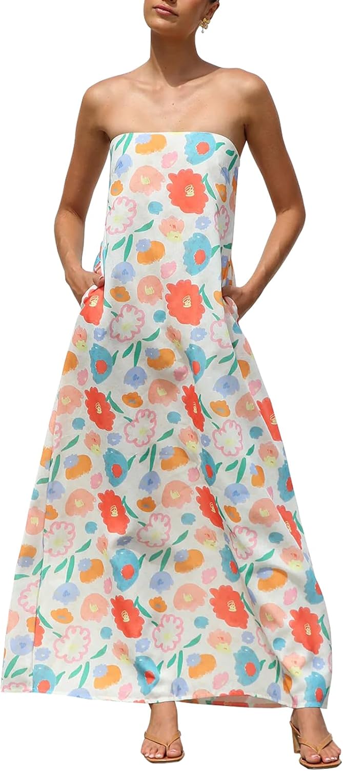 ACOSAP Women Y2k Strapless Maxi Dress Summer Backless Floral Long Tube Dress Off Shoulder Cocktail Party Dress