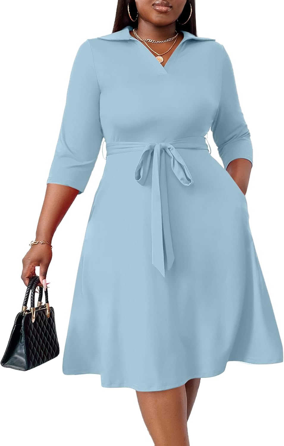 FANDEE Plus Size Midi Dress for Women Casual - Fit and Flare Summer Dresses | Semi Formal,African Print,Polo Collar Cocktail Dress,With Pockets And Belt