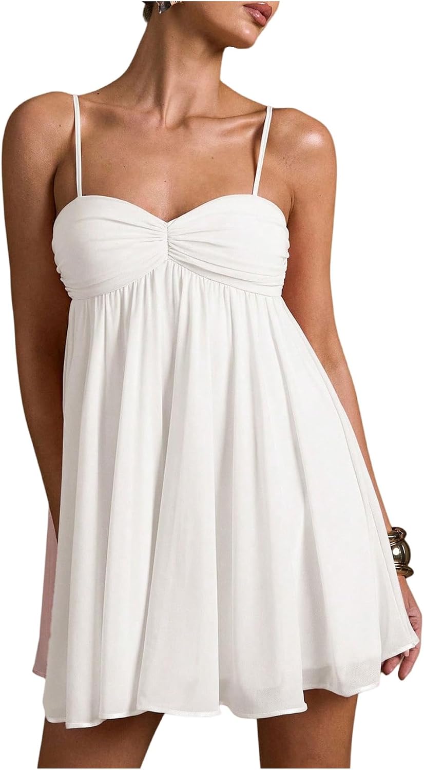 SOLY HUX Women's Summer Babydoll Mini Dress Spaghetti Strap Flowy Sundress | Casual Cami Dresses, A Line, Sleeveless, Ruched, Summer Dress