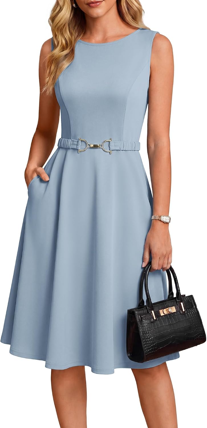 GRACE KARIN Work Business Midi Flowy Sleeveless Dresses for Women | A Line,Belted,Collar Neck,Knee Length,with Pockets Zipper,Business Causal,Office,Church,Funeral,Cocktail,Wedding,Professional