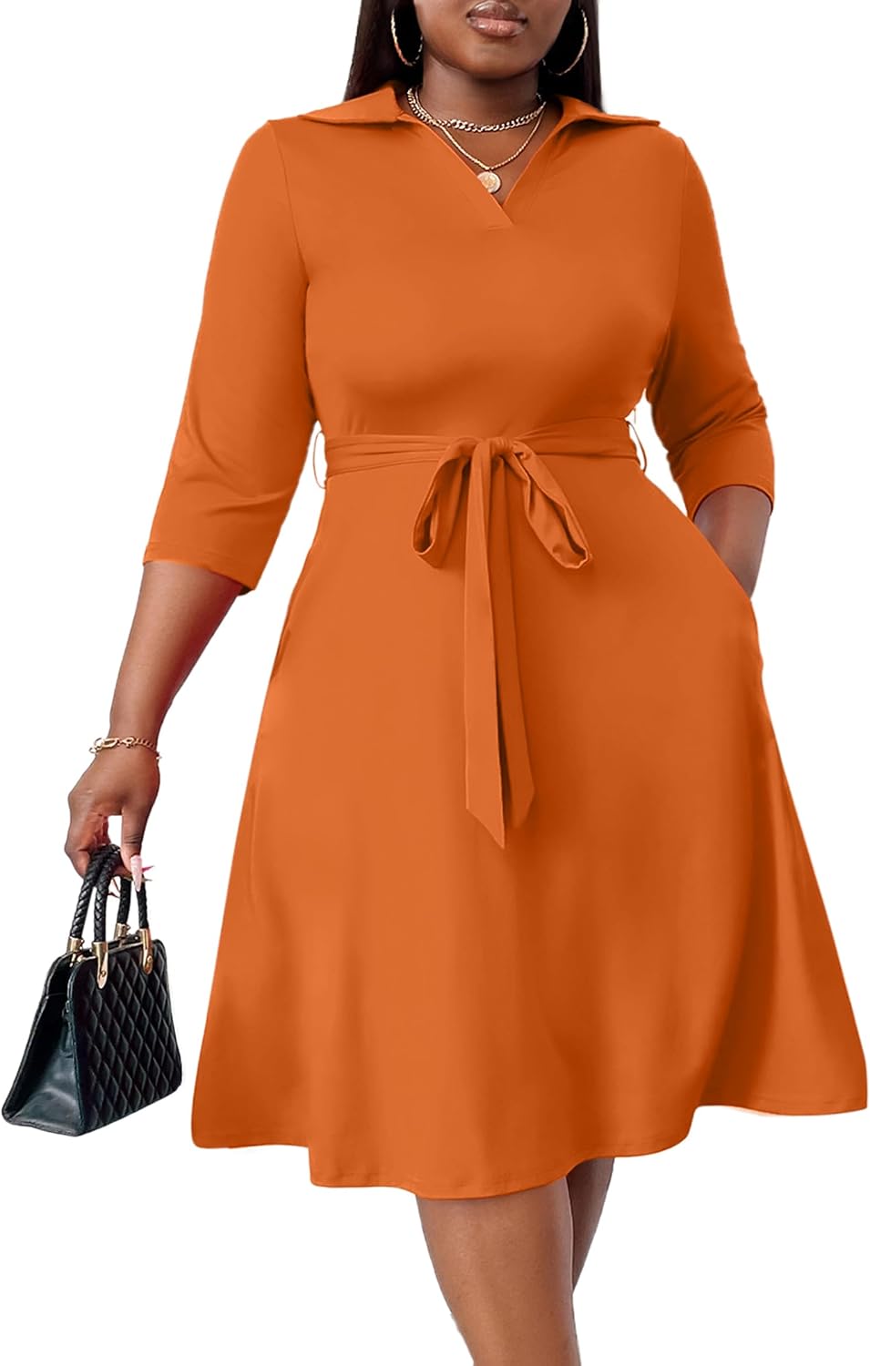 FANDEE Plus Size Midi Dress for Women Casual - Fit and Flare Summer Dresses | Semi Formal,African Print,Polo Collar Cocktail Dress,With Pockets And Belt