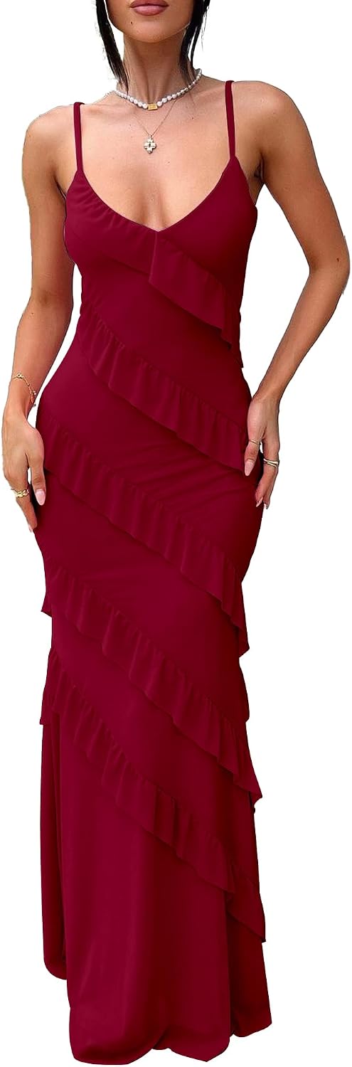 HOCILLE Women's Sexy V Neck Mesh Bodycon Wedding Guest Cocktail Maxi Dress | Sundress Spaghetti Strap Elegant Ruffle Party Long Dresses