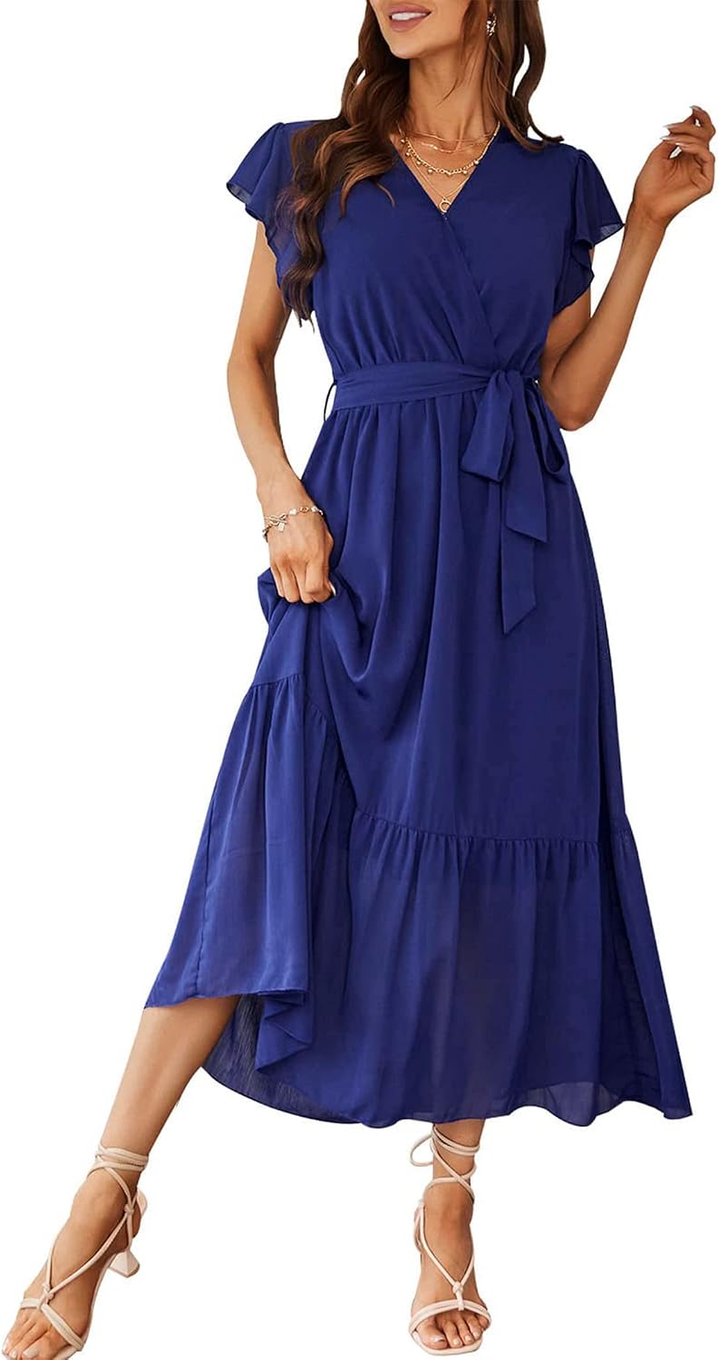 PRETTYGARDEN Women's Summer Floral Boho Maxi Dress | Short Sleeve Wrap V Neck, Long Flowy Ruffle Dresses, Spring Wedding Guest Outfits for Beach Vacation, Resort Wear, Tea Party