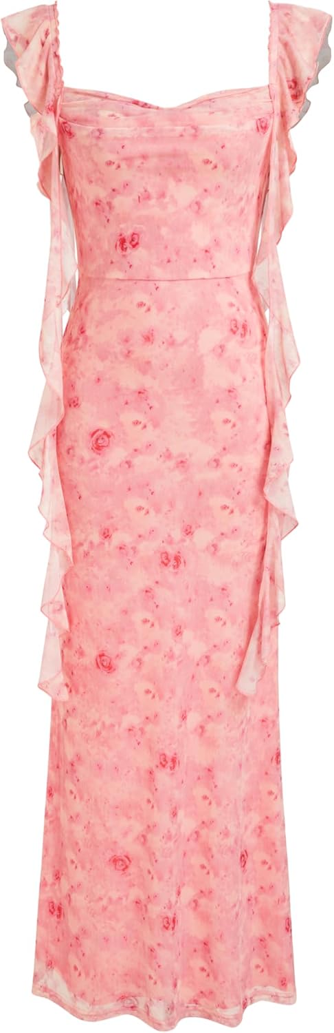 CIDER Women's Wedding Guest Dress Sleeveless Mesh Ruffle Maxi Formal Dress | Stretchy Tie Back, Summer Fall Wedding, Baby Shower, Cocktail, Vacation, Bodycon Elegant Outfits