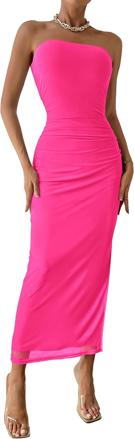 PRETTYGARDEN Women's Strapless Bodycon Floral Maxi Dress | Stretchy Lined Mesh, Long Tube Dresses, Ruched Slit, Spring Summer Y2K Outfits for Wedding, Date Night Party, Beach Vacation