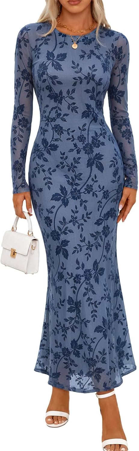 MEROKEETY Womens Fall Velvet Formal Wedding Guest Maxi Dress | Bodycon, Floral, Long Sleeve, Mesh, Round Neck, Formal Cocktail Party Birthday Club Date Night Prom, 2026 Winter Dress