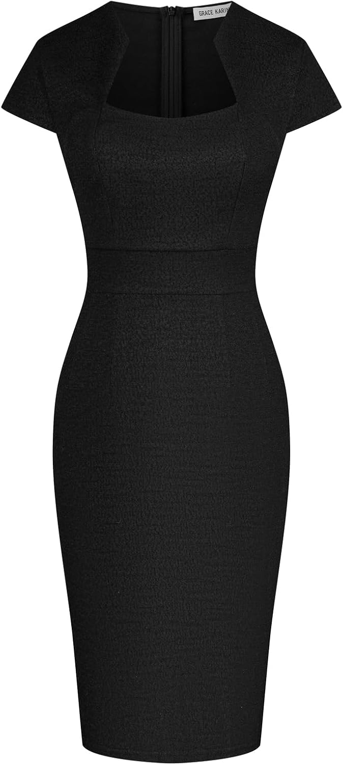 GRACE KARIN Work Dresses for Women Tweed Pencil Dress | Cap sleeve, Knee-length, Zipper back, Sweetheart neck, Stretch fabric, Formal office work business sheath dress