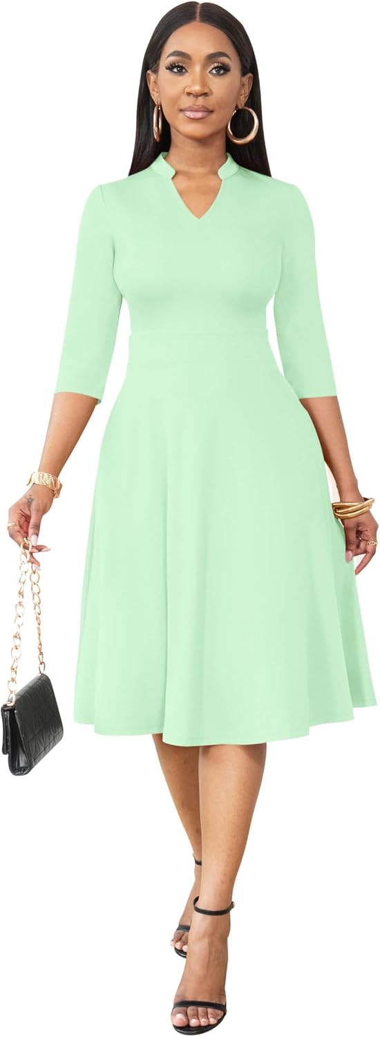 Nmoder Casual Dresses for Women Stand Collar Church Fit and Flare Dress | A-line fit with elegant stand collar, hidden pockets and zipper, ideal for work cocktail wedding guest