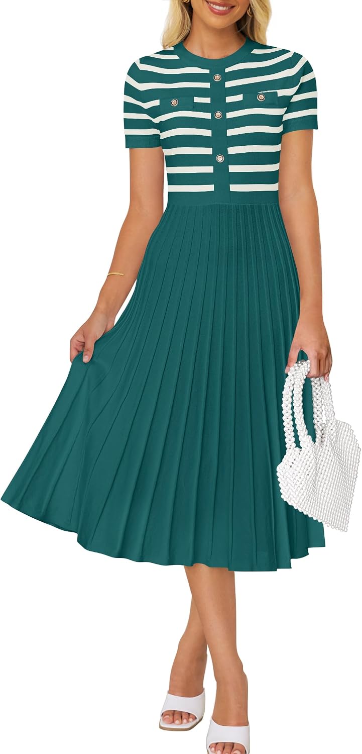 ZESICA Women Striped Crewneck Short Sleeve Elegant Midi Dress | Button, Ribbed Knit Fabric, Pleated A Line Swing, 2026 Trendy, Casual Beach Vaction, Work Business, Formal Classy Church