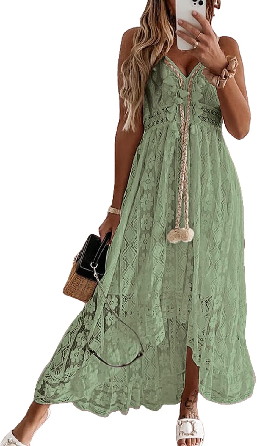 CUPSHE Womens Lace Summer Maxi Dresses 2026 Beach Wear | V Neck Spaghetti Straps Sundress, Tassel, Boho Pom Poms, Flowy Vacation Outfits, Resort Wear, Graduation Wedding Guest Looks