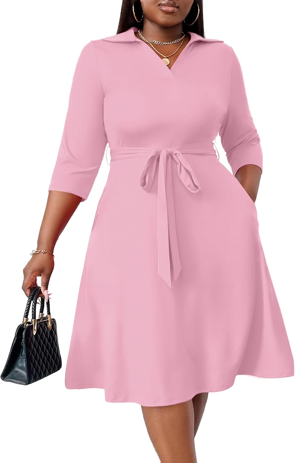 FANDEE Plus Size Midi Dress for Women Casual - Fit and Flare Summer Dresses | Semi Formal,African Print,Polo Collar Cocktail Dress,With Pockets And Belt
