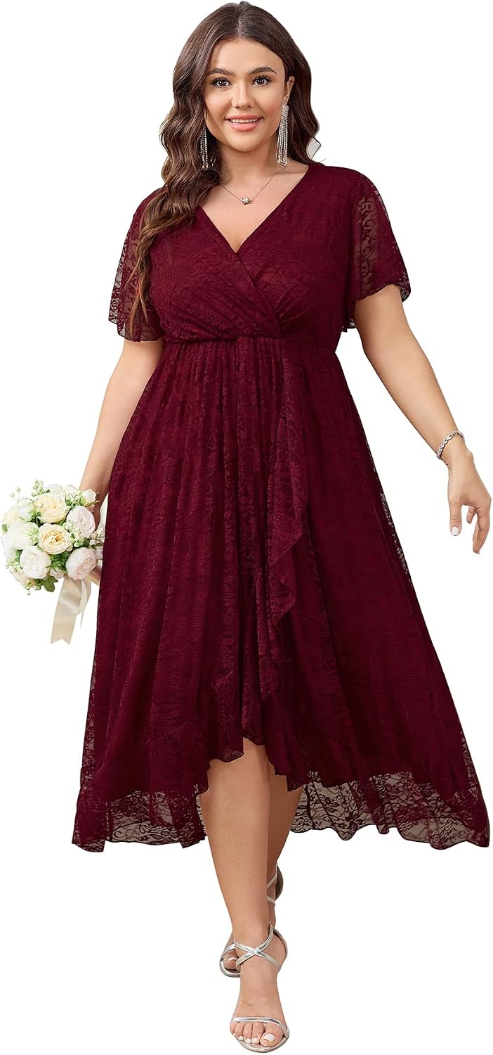 SCOMCHIC Womens Plus Size Wedding Guest Formal Dress | Lace, Wrap V Neck, High Low, Short Sleeve, Cocktail, Maxi Dresses