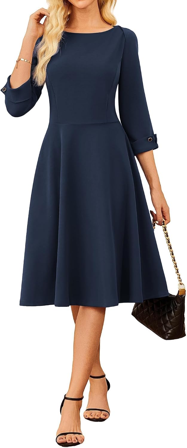 GRACE KARIN Work Dresses for Women Fit and Flare Midi Dress | Side Pockets,3\/4 Sleeve,Crew Neck A Line,2026 Business Classy Office Dresses, Church\/Work Graducation Outfits\/Professional