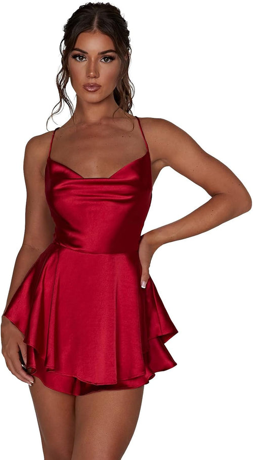 AGYMNX Women Sexy Spaghetti Strap Satin Dress Sleeveless Low Cut Backless Short Romper Dress Party Jumpsuit Mini Sundress