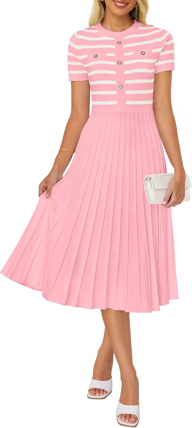 ZESICA Women Striped Crewneck Short Sleeve Elegant Midi Dress | Button, Ribbed Knit Fabric, Pleated A Line Swing, 2026 Trendy, Casual Beach Vaction, Work Business, Formal Classy Church