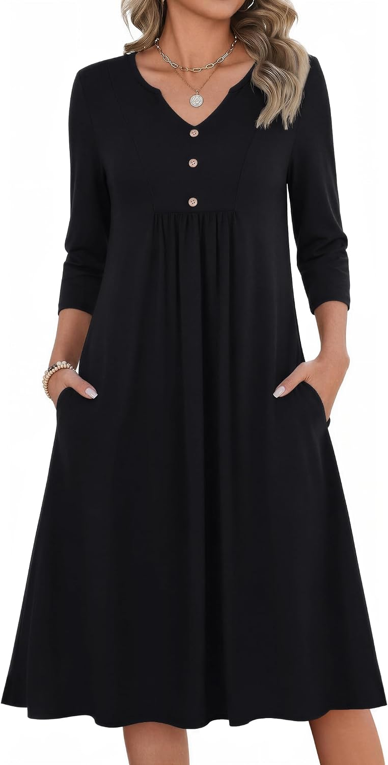 Zeagoo Womens Dresses 3\/4 Sleeve Casual Fall A Line Midi Dress with Pockets | V Neck Empire Waist Sundress, Button Decor, Floral, Boho, Solid Color, Loose Fit, Flowy, Vacation Sundresses