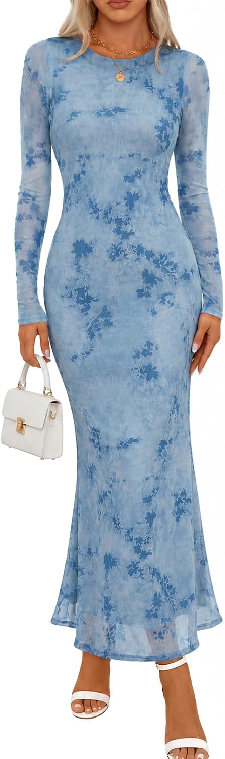 MEROKEETY Womens Fall Velvet Formal Wedding Guest Maxi Dress | Bodycon, Floral, Long Sleeve, Mesh, Round Neck, Formal Cocktail Party Birthday Club Date Night Prom, 2026 Winter Dress