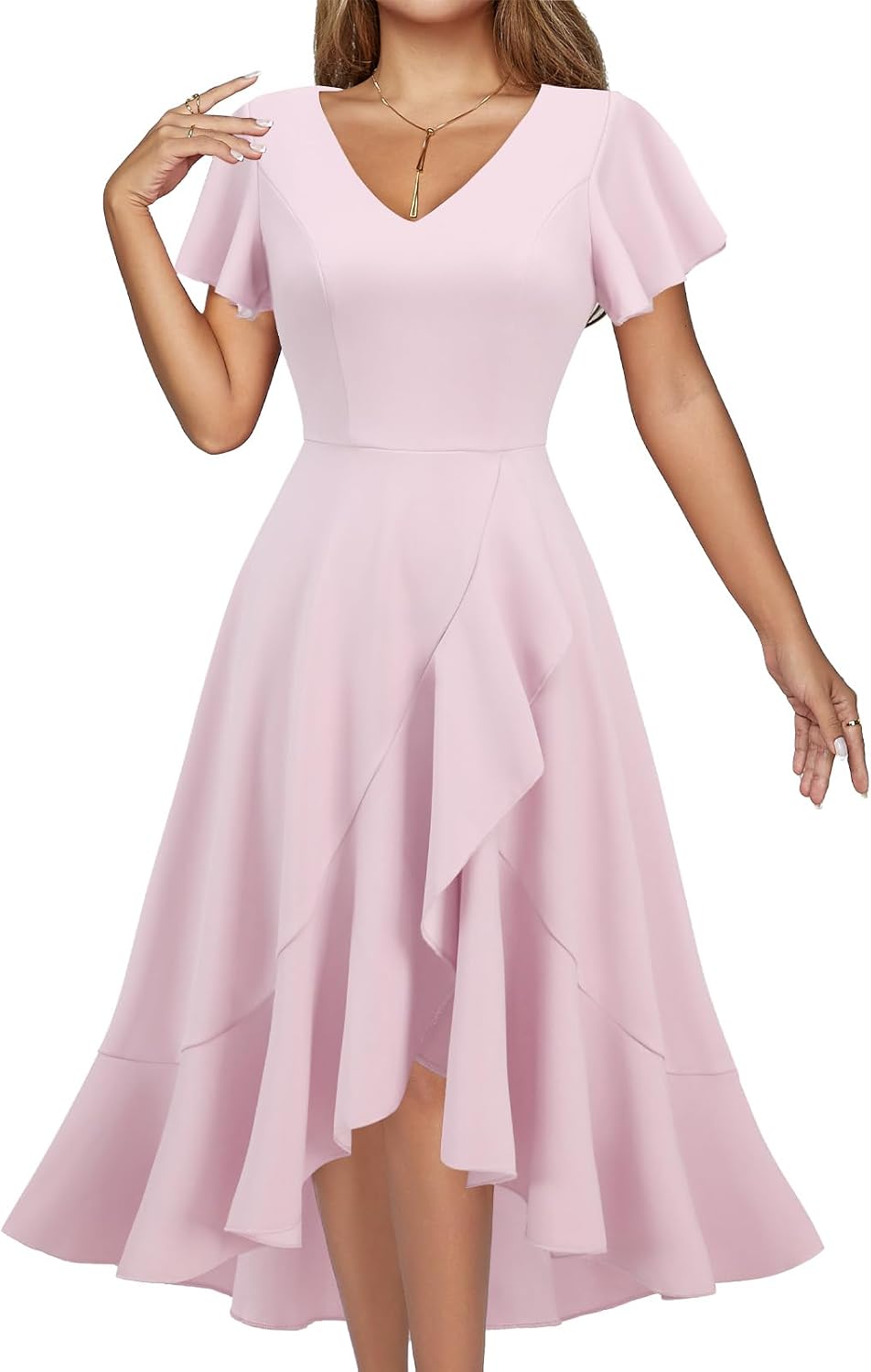 DRESSTELLS Women's Cocktail Dresses 2026, Formal Fall Wedding Guest Dress | A-Line, Hi Low Fit and Flare Midi Dress for Teacher Party Homecoming, Bridesmaid Evening Gown, V-Neck, Ruffle Sleeve