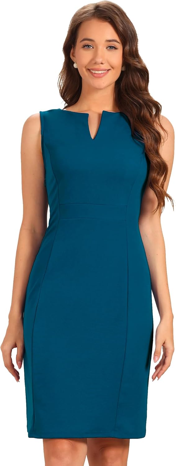 Allegra K Womens Work Sheath Dress Sleeveless Business Pencil Dresss | Slit V Neck, Knee Length, Lightweight, Dressy Casual Busienss Work Interview Outfits, Summer Spring Fall