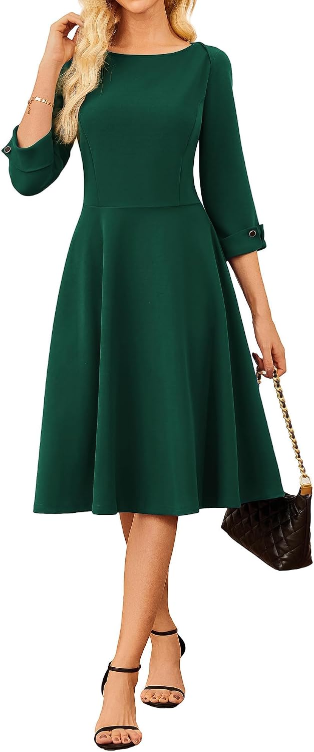 GRACE KARIN Work Dresses for Women Fit and Flare Midi Dress | Side Pockets,3\/4 Sleeve,Crew Neck A Line,2026 Business Classy Office Dresses, Church\/Work Graducation Outfits\/Professional