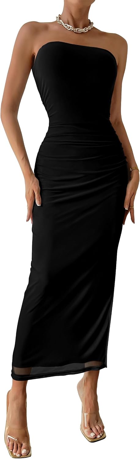 PRETTYGARDEN Women's Strapless Bodycon Floral Maxi Dress | Stretchy Lined Mesh, Long Tube Dresses, Ruched Slit, Spring Summer Y2K Outfits for Wedding, Date Night Party, Beach Vacation