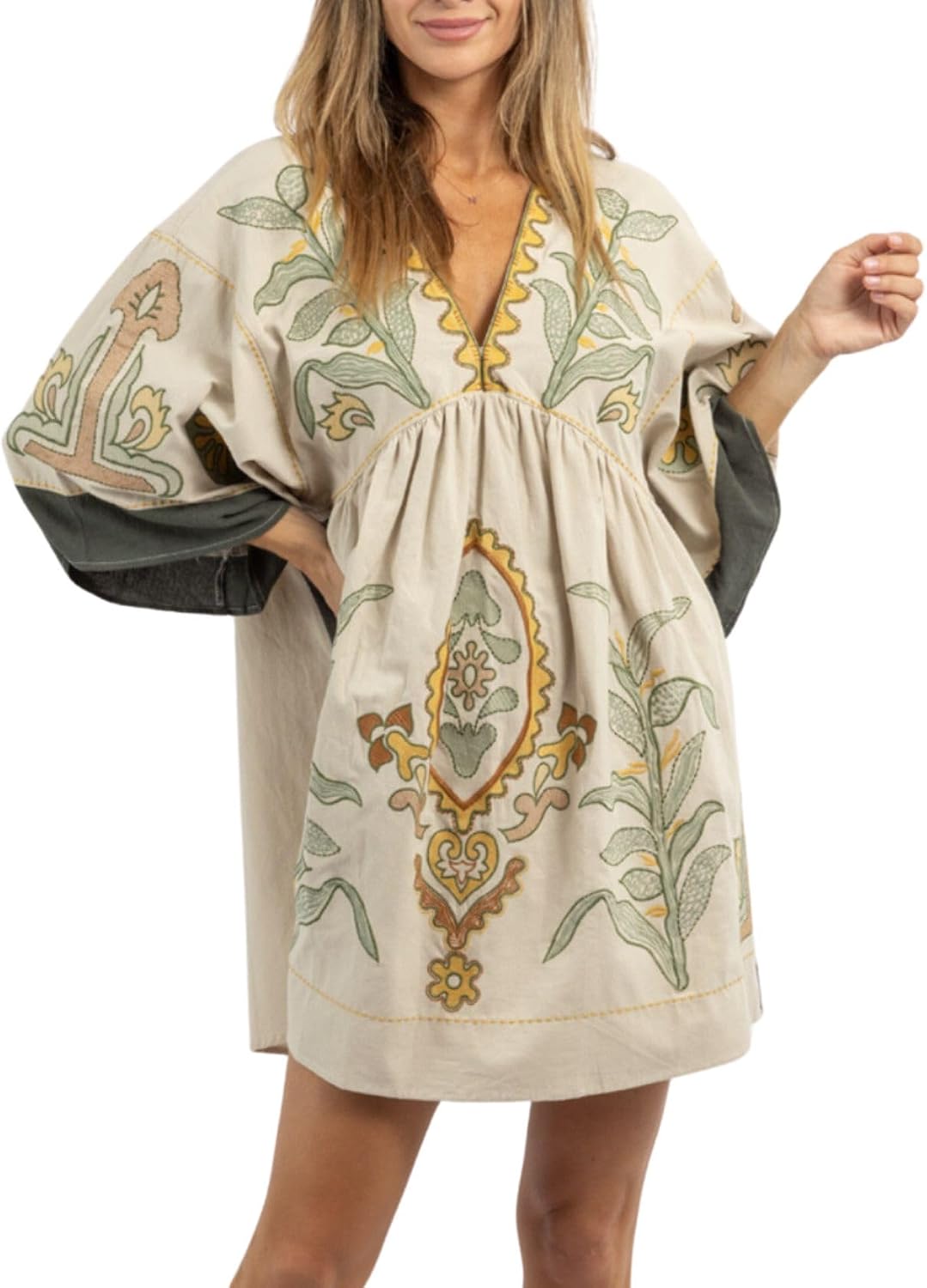 Joiemont Womens Oversized Embroidered Dress with V-Neck and 3\/4 Sleeves Vintage Embroidery Babydoll Dress