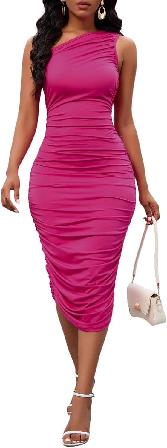 PerZeal Women's One Shoulder Ruched Bodycon Midi Dress for Party Evening | Sleeveless slim fit, stretchy soft fabric, elegant asymmetrical neck, cocktail party, evening clubwear, wedding guest