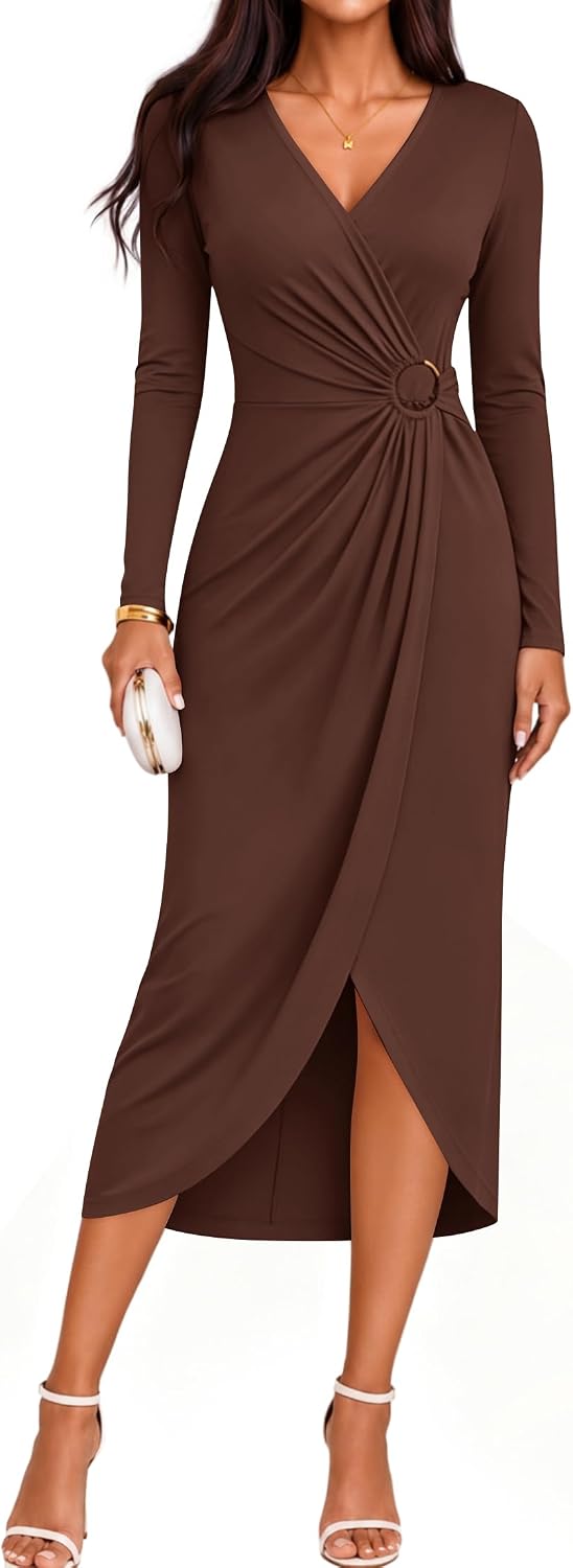ZESICA Women's Fall Long Sleeve Wrap Bodycon Cocktail Party Dresses | Deep V Neck, Ruched Midi Dress, Formal Wedding Guest, Rehearsal Dinner, Date Night, Birthday Holiday, Bridal Shower