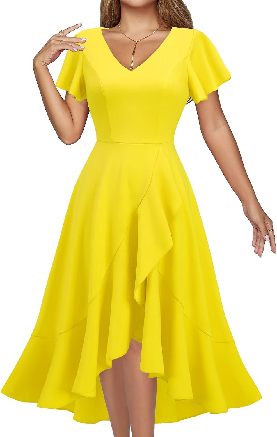 DRESSTELLS Women's Cocktail Dresses 2026, Formal Fall Wedding Guest Dress | A-Line, Hi Low Fit and Flare Midi Dress for Teacher Party Homecoming, Bridesmaid Evening Gown, V-Neck, Ruffle Sleeve