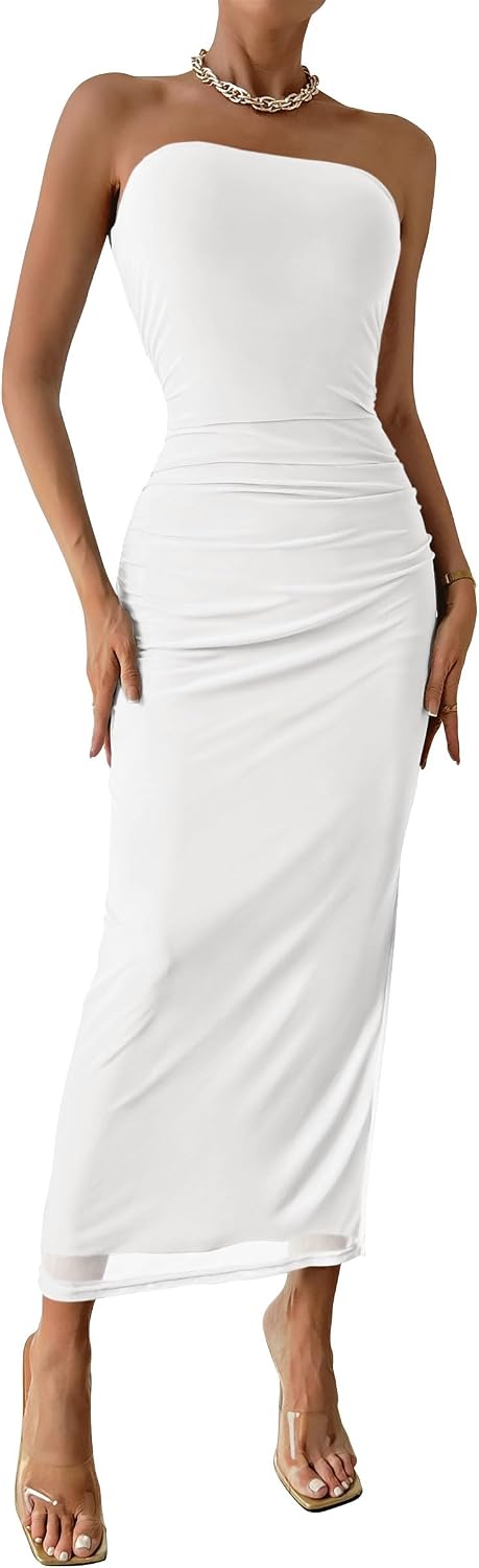 PRETTYGARDEN Women's Strapless Bodycon Floral Maxi Dress | Stretchy Lined Mesh, Long Tube Dresses, Ruched Slit, Spring Summer Y2K Outfits for Wedding, Date Night Party, Beach Vacation