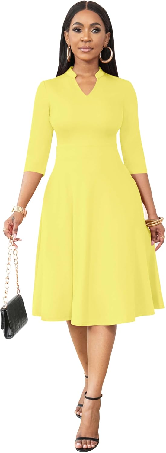 Nmoder Casual Dresses for Women Stand Collar Church Fit and Flare Dress | A-line fit with elegant stand collar, hidden pockets and zipper, ideal for work cocktail wedding guest