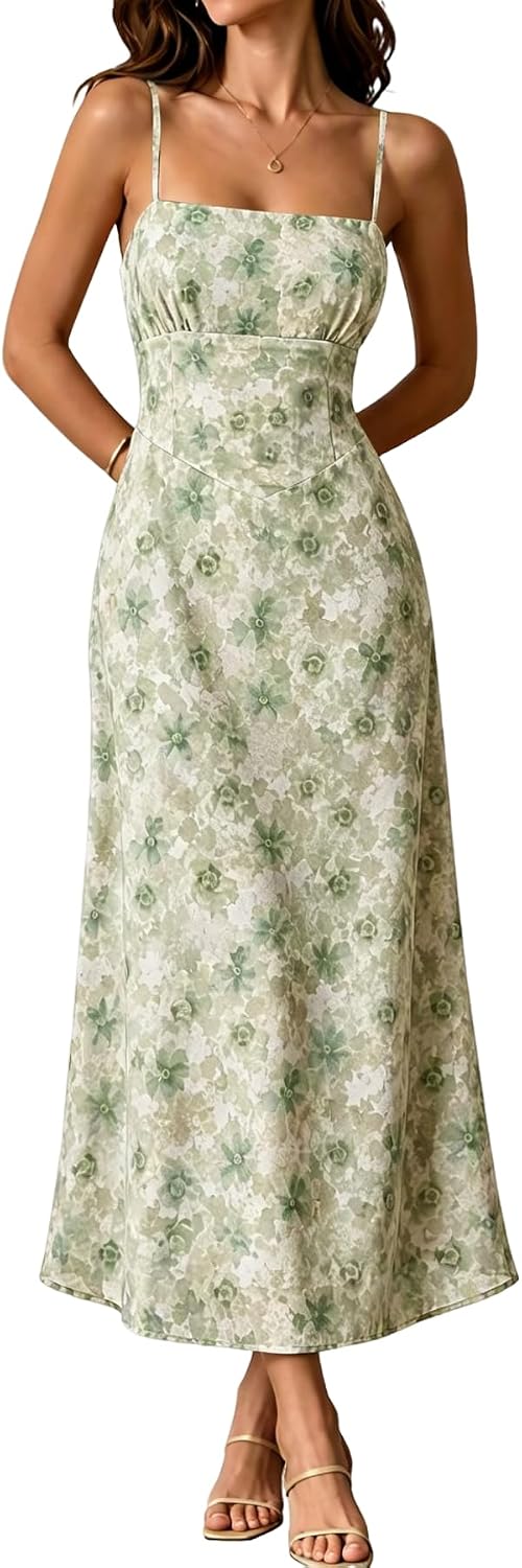 RIHOAS Women's Spaghetti Strap Maxi A-line Formal Tie Back Layered Dresses | Lace up,Zip Up,Square Neck,Cocktail,Garden Party ,Floral wedding guest dresses,Formal Dress,Bridesmaid,Semi Formal Dress