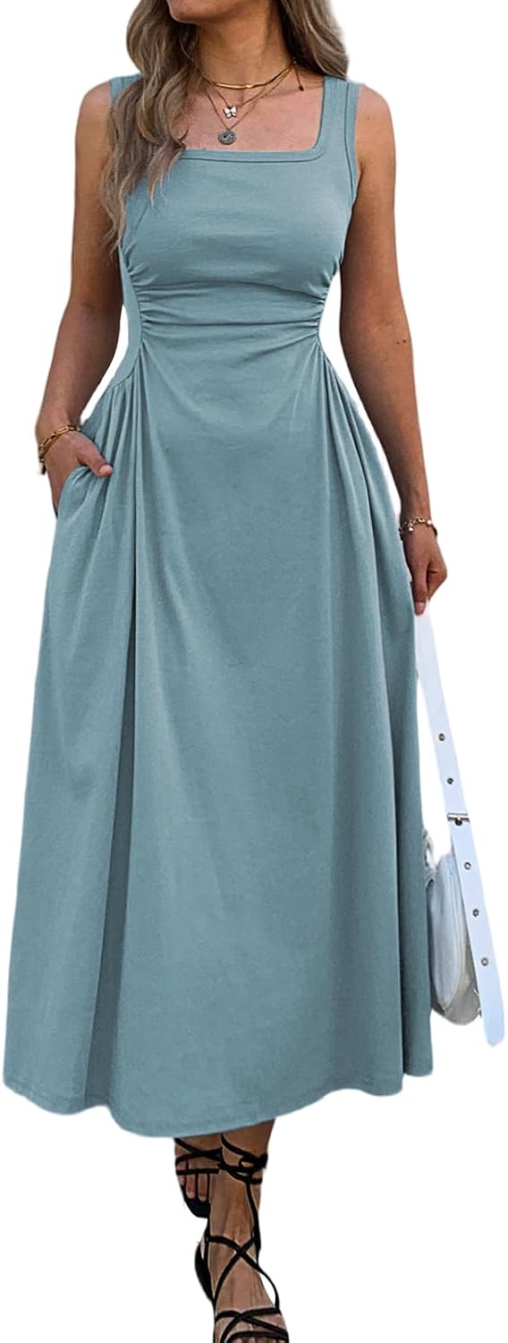 Mieazom Women's Square Neck Sleeveless Slim-Fit Maxi Dress Ruched Waist Corset Flowy Casual Summer Dresses with Pockets