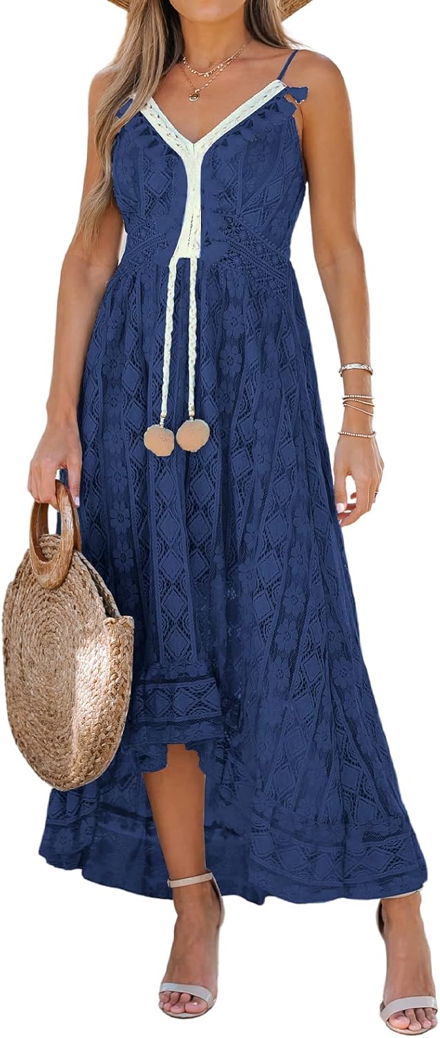 CUPSHE Womens Lace Summer Maxi Dresses 2026 Beach Wear | V Neck Spaghetti Straps Sundress, Tassel, Boho Pom Poms, Flowy Vacation Outfits, Resort Wear, Graduation Wedding Guest Looks