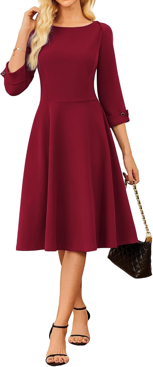 GRACE KARIN Work Dresses for Women Fit and Flare Midi Dress | Side Pockets,3\/4 Sleeve,Crew Neck A Line,2026 Business Classy Office Dresses, Church\/Work Graducation Outfits\/Professional