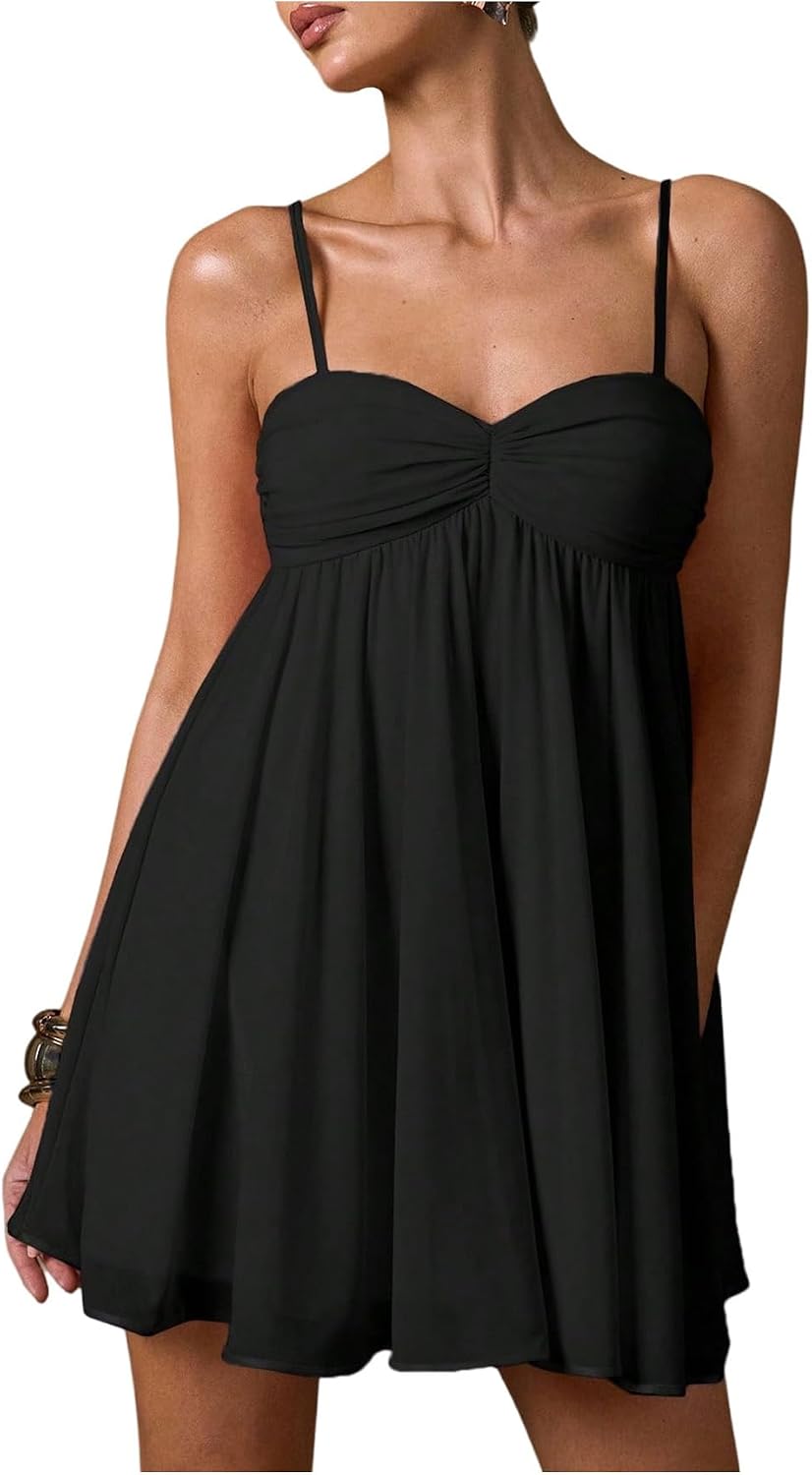 SOLY HUX Women's Summer Babydoll Mini Dress Spaghetti Strap Flowy Sundress | Casual Cami Dresses, A Line, Sleeveless, Ruched, Summer Dress