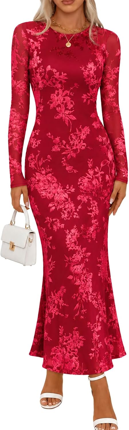 MEROKEETY Womens Fall Velvet Formal Wedding Guest Maxi Dress | Bodycon, Floral, Long Sleeve, Mesh, Round Neck, Formal Cocktail Party Birthday Club Date Night Prom, 2026 Winter Dress