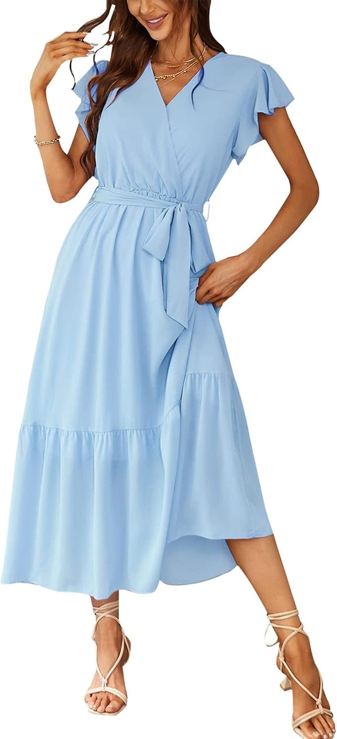 PRETTYGARDEN Women's Summer Floral Boho Maxi Dress | Short Sleeve Wrap V Neck, Long Flowy Ruffle Dresses, Spring Wedding Guest Outfits for Beach Vacation, Resort Wear, Tea Party