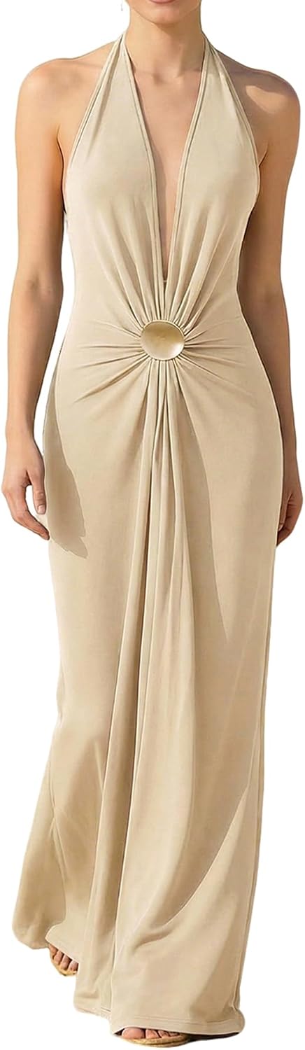 OYOANGLE Women's Halter Maxi Dress Deep V Neck Sexy Wedding Guest Dresses | Cocktail Dress, Formal Dresses, Beach Dress, Vacation Dress, Date Night Long Dress, Backless