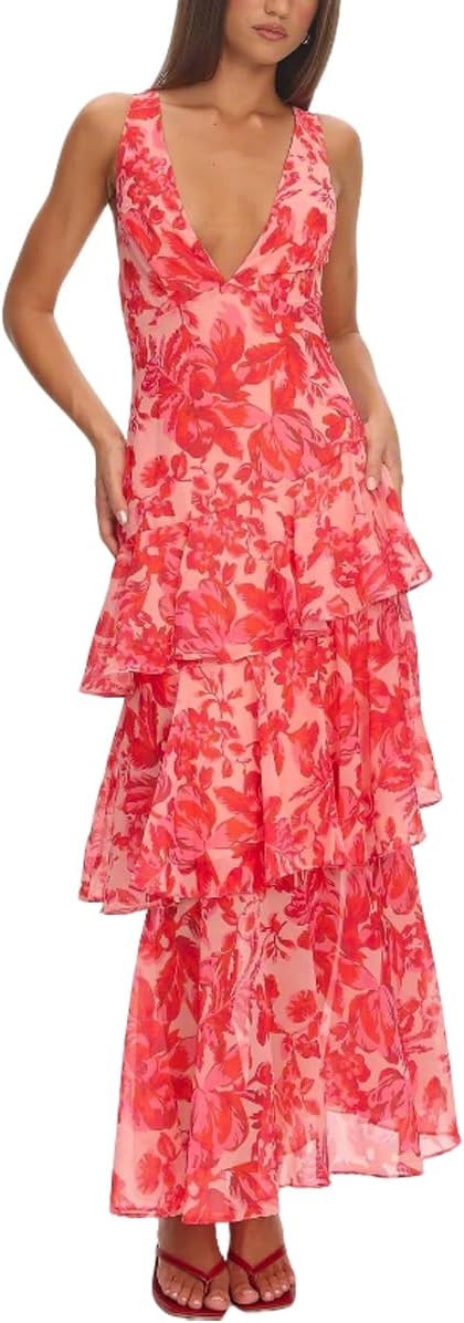 Women's Floral Maxi Dress Sexy Deep V Neck Backless Ruffles Dresses Beach Party Wedding Guest Dress