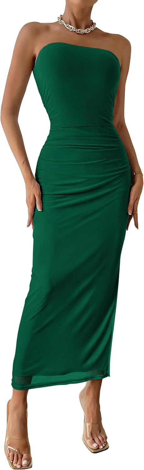 PRETTYGARDEN Women's Strapless Bodycon Floral Maxi Dress | Stretchy Lined Mesh, Long Tube Dresses, Ruched Slit, Spring Summer Y2K Outfits for Wedding, Date Night Party, Beach Vacation