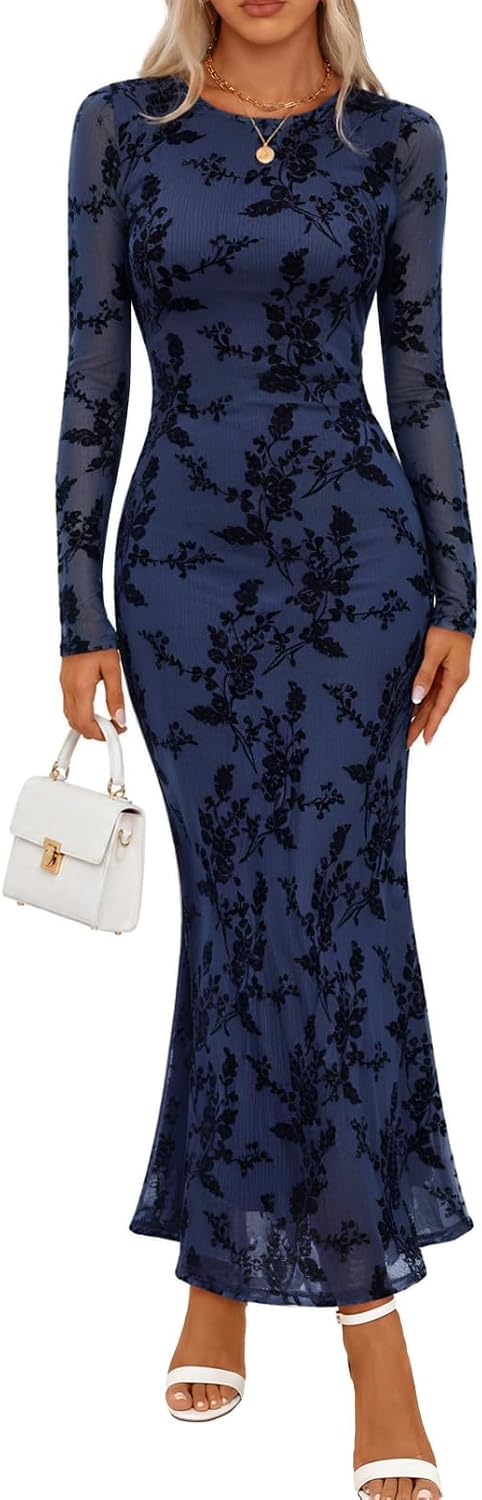 MEROKEETY Womens Fall Velvet Formal Wedding Guest Maxi Dress | Bodycon, Floral, Long Sleeve, Mesh, Round Neck, Formal Cocktail Party Birthday Club Date Night Prom, 2026 Winter Dress